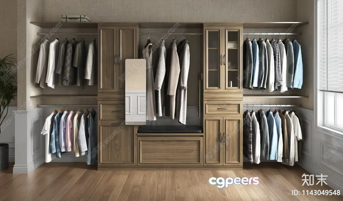 A Large Walk-In Closet With Wooden Cabinets And Shelves 3D Model – 20373 – VRAY Render