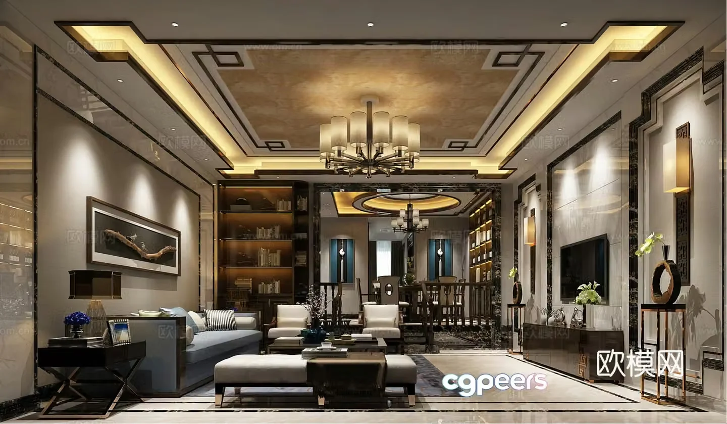 New Chinese style living room sofa coffee table background wall curtains lamps stairs 3d model
