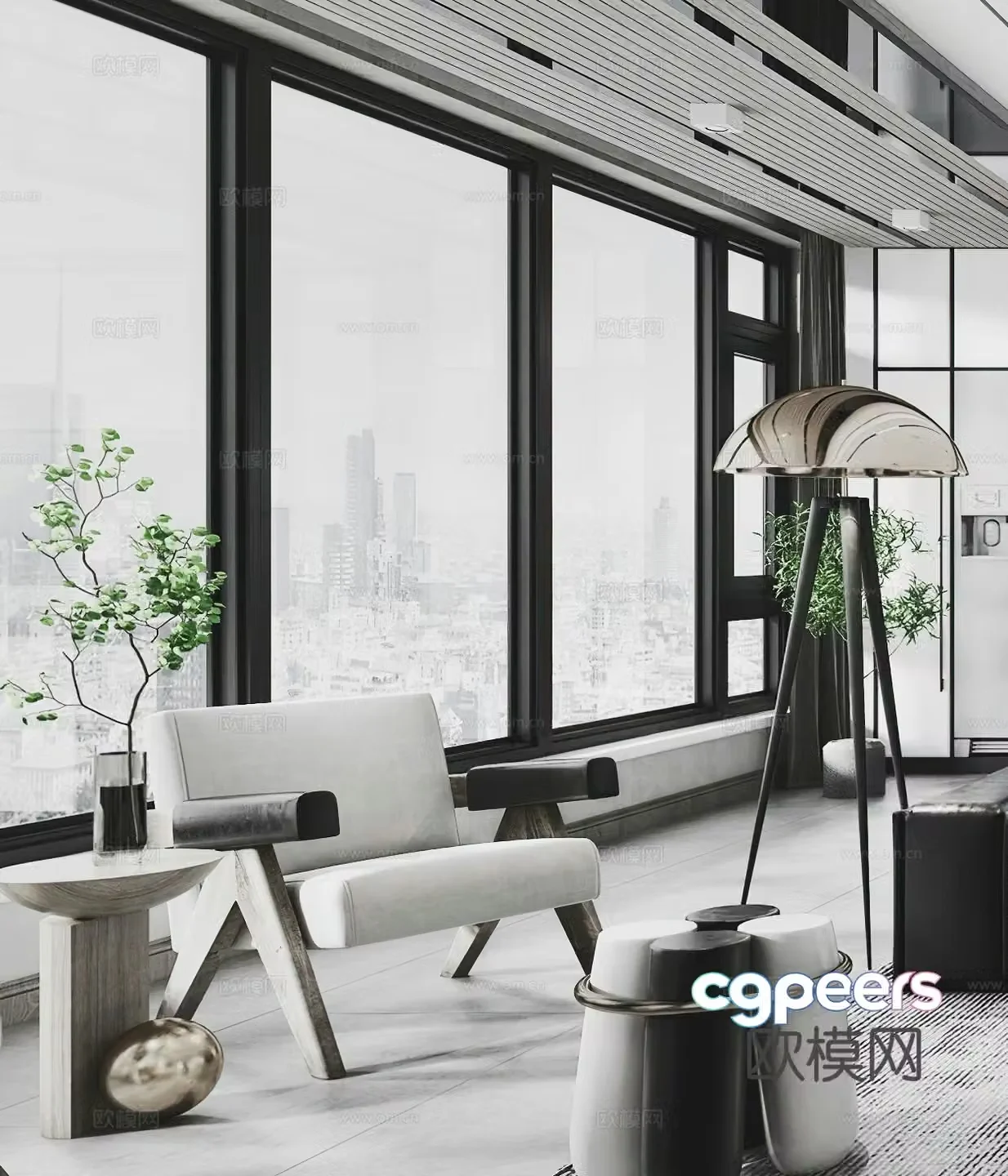 Italian casual chair high-end gray casual chair single chair floor lamp side table corner table single chair 3d model