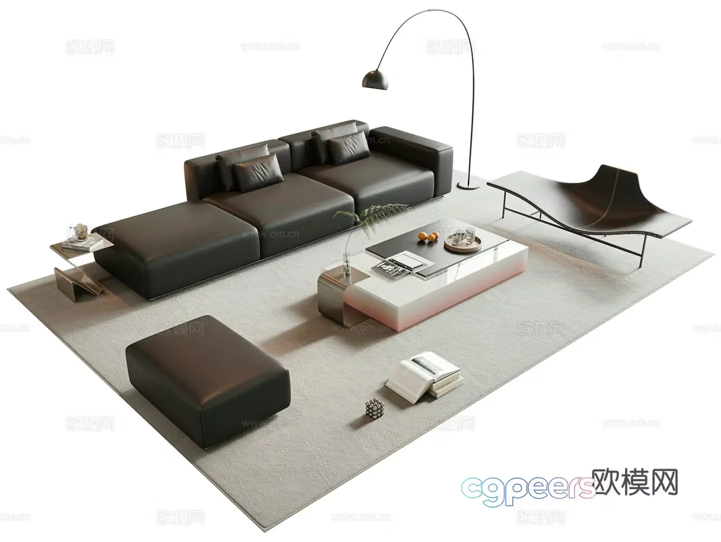 Italian sofa coffee table combination I-shaped sofa leather multi-person sofa combination sofa square coffee table 3D model