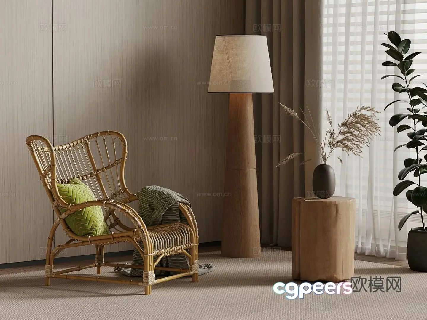 06 New Chinese-style rattan lounge chair floor lamp side 3D model