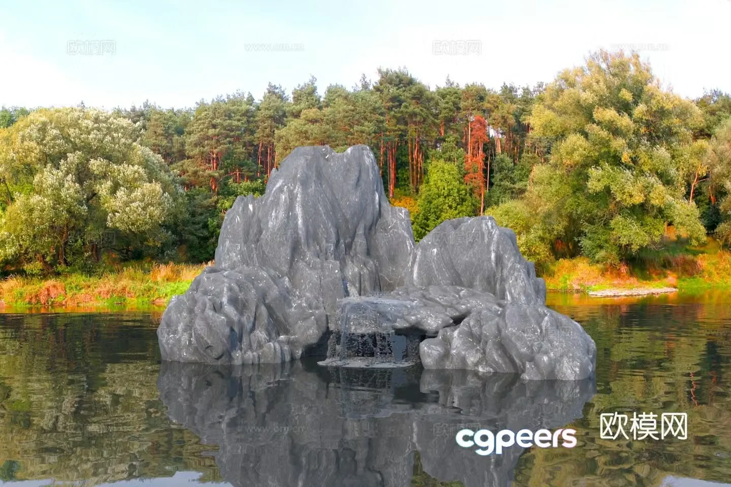 Modern rockery waterscape stone mountain flowing water 3D model
