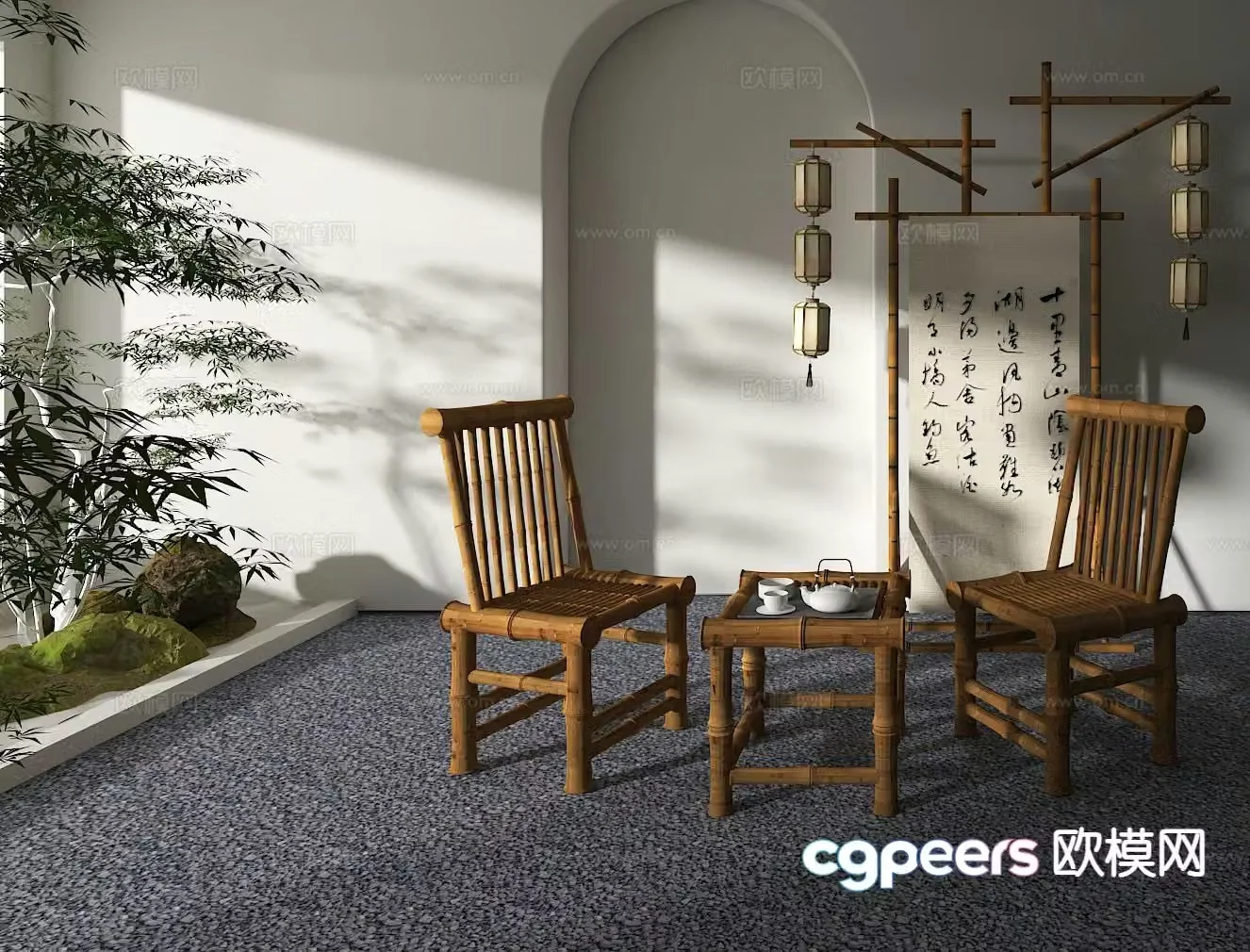 Chinese style leisure tables and chairs bamboo chairs bamboo row tables 3d model