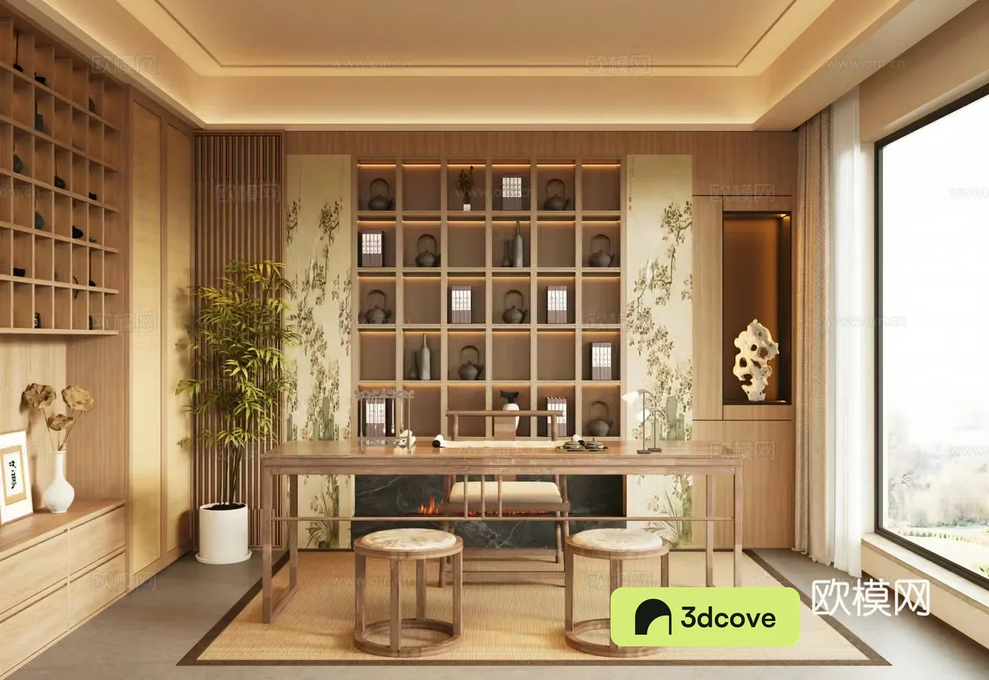 New Chinese Song style study bookcase background wall tea cabinet Song style desk and chair