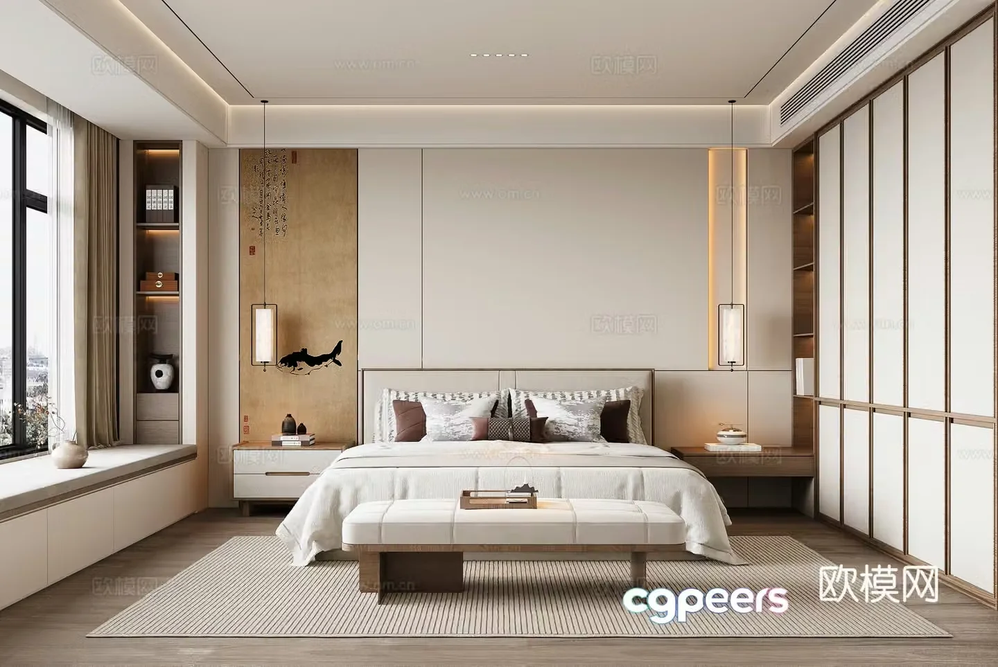 New Chinese Song style bedroom double bed wardrobe bed chandeliers 3d model