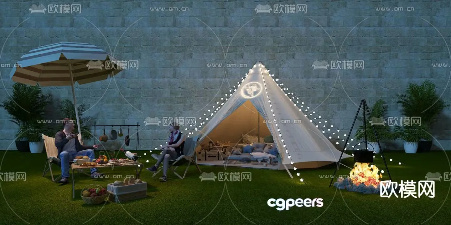 tent parasol campsite 3d model