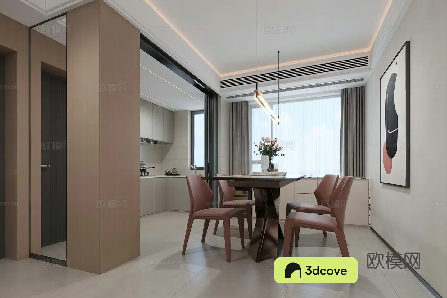 Modern restaurant dining table leather dining chair hanging painting restaurant chandeliers