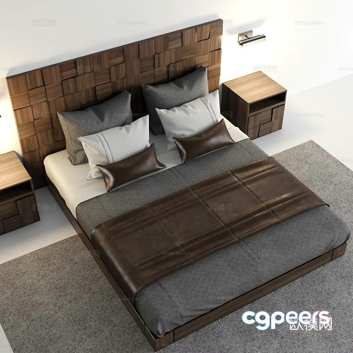Middle-aged double bed fabric bed nightstand wall light combination 3D model