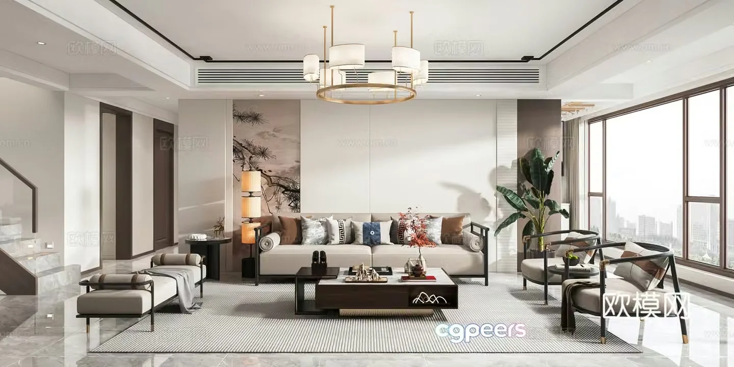 New Chinese style living and dining room open kitchen dry area study staircase 3D model