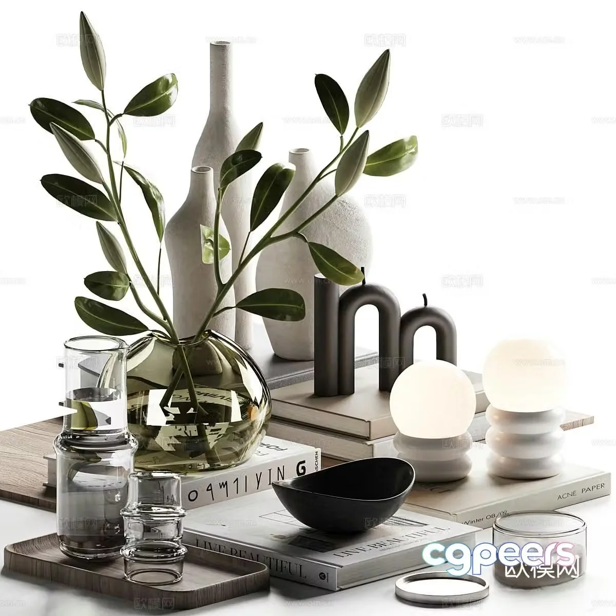 Modern jewelry ornaments green plants books 3D model