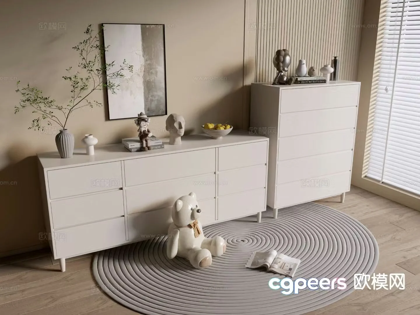 Cream style chest of drawers side cabinet 3d model