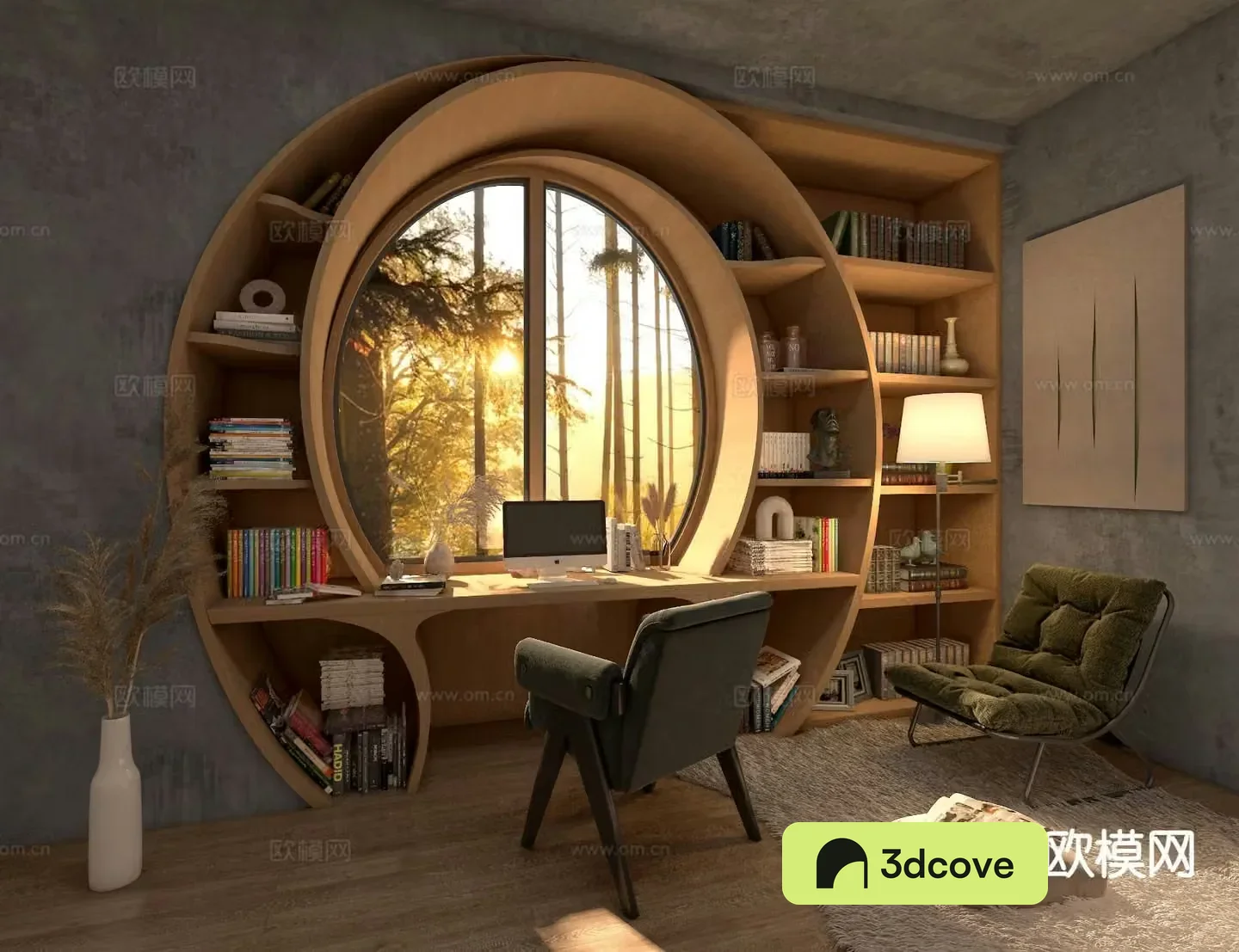 Log style wooden house study room