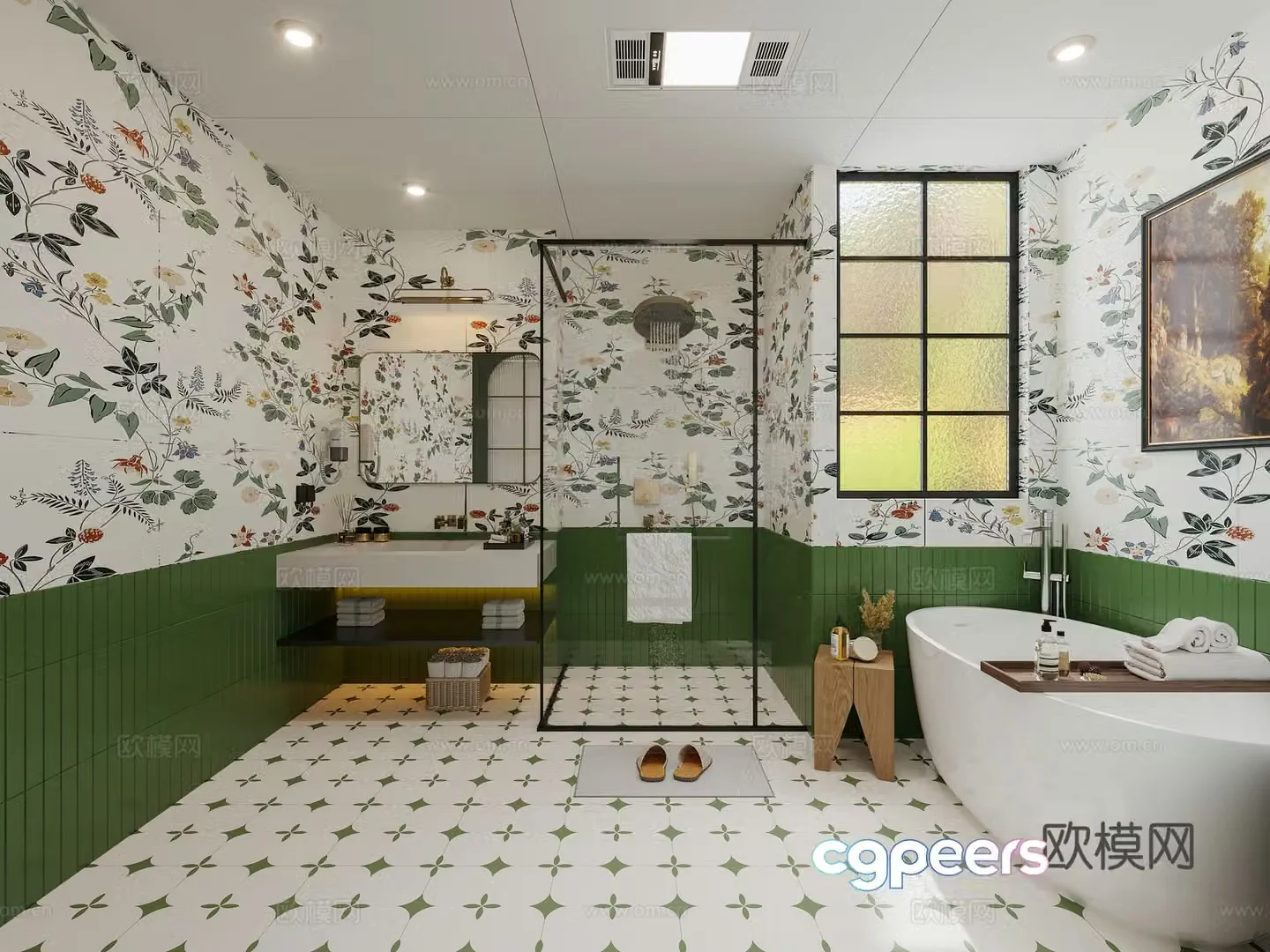 French bathroom French creamy bathroom bathtub side French floral tiles air heater 3D model