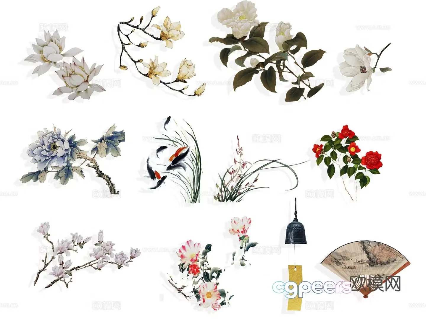 National tide carving flower silhouette wintersweet flowers peony national flower national style peach blossom cherry blossom pink 3d model