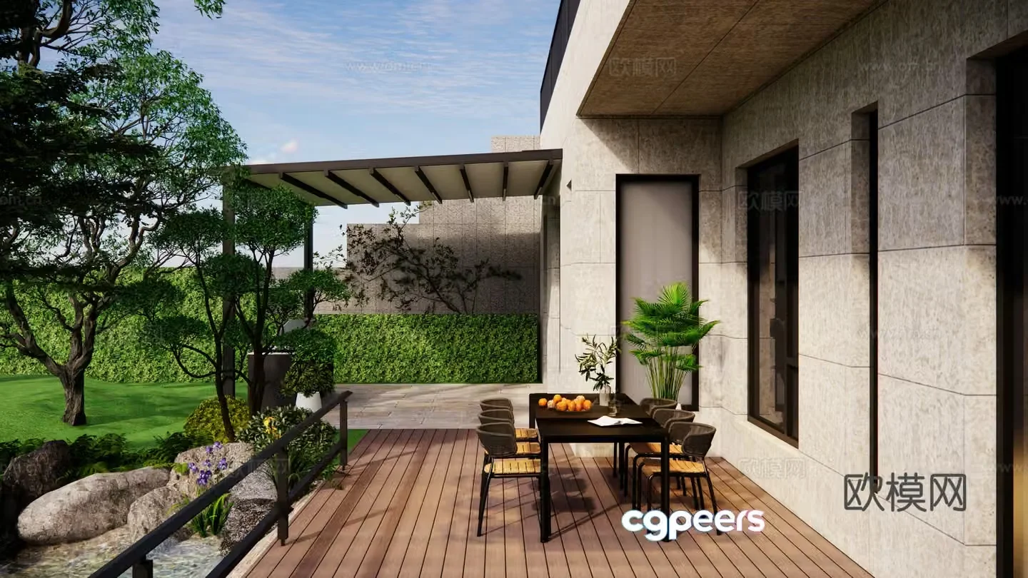 Modern outdoor courtyard garden Self-built house villa landscape Metal long dining table and chairs Water system Mountain and stone 3D model