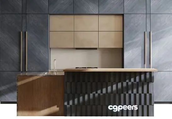 Modern Kitchen With Wooden Countertop 3D Model – 4502 – CORONA Render