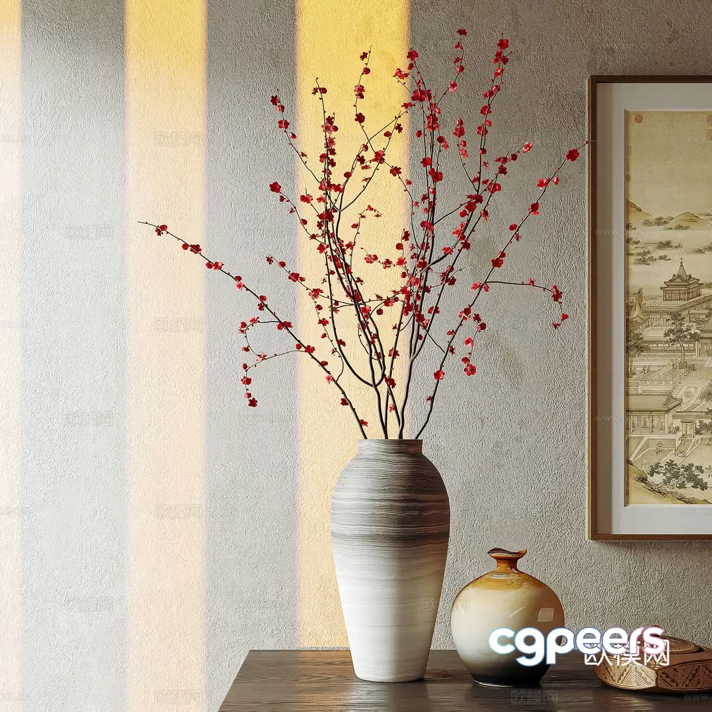 The ancient style vase flower art flower arrangement stems and branches dried flowers pottery jars utensils 3D model of the entrance ornament