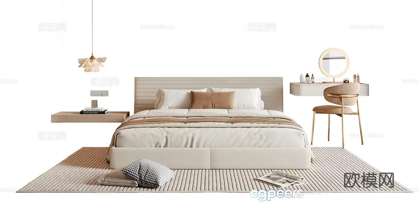 Cream style double bed 3d model