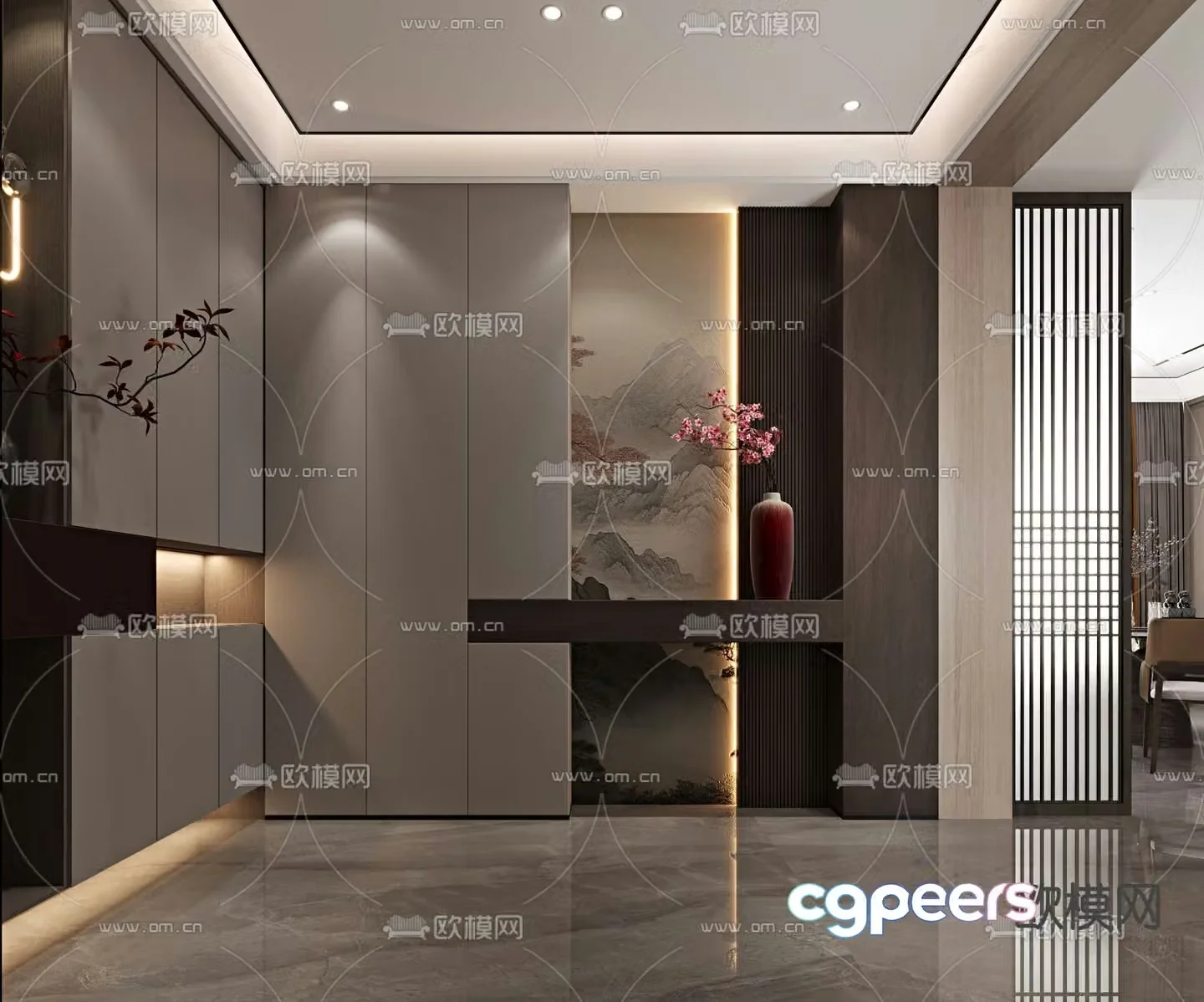 Chinese style entrance shoe cabinet 3D model