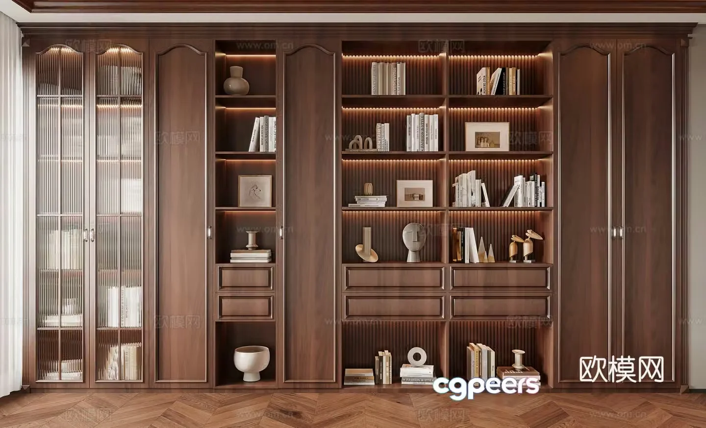 American solid wood bookcase glass bookcase 3d model