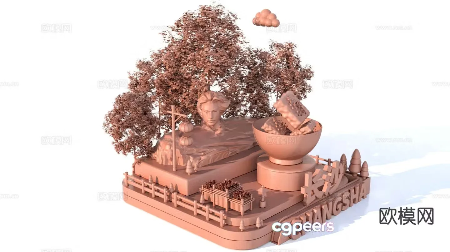 3D model of characteristic urban ancient buildings and scenic sculptures