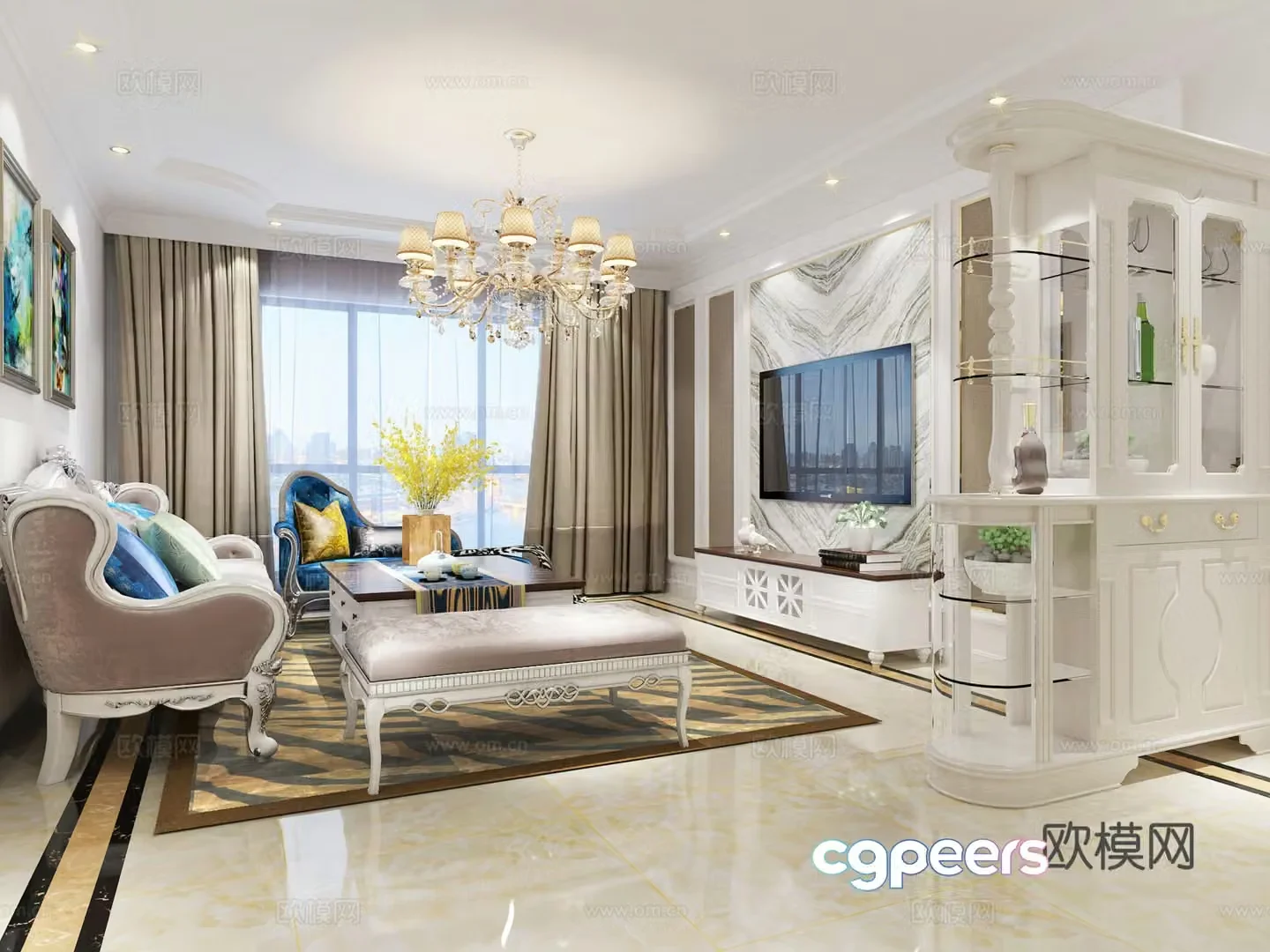 Simple European living room sofa coffee table chandelier desktop ornament 3D model of hanging paintings