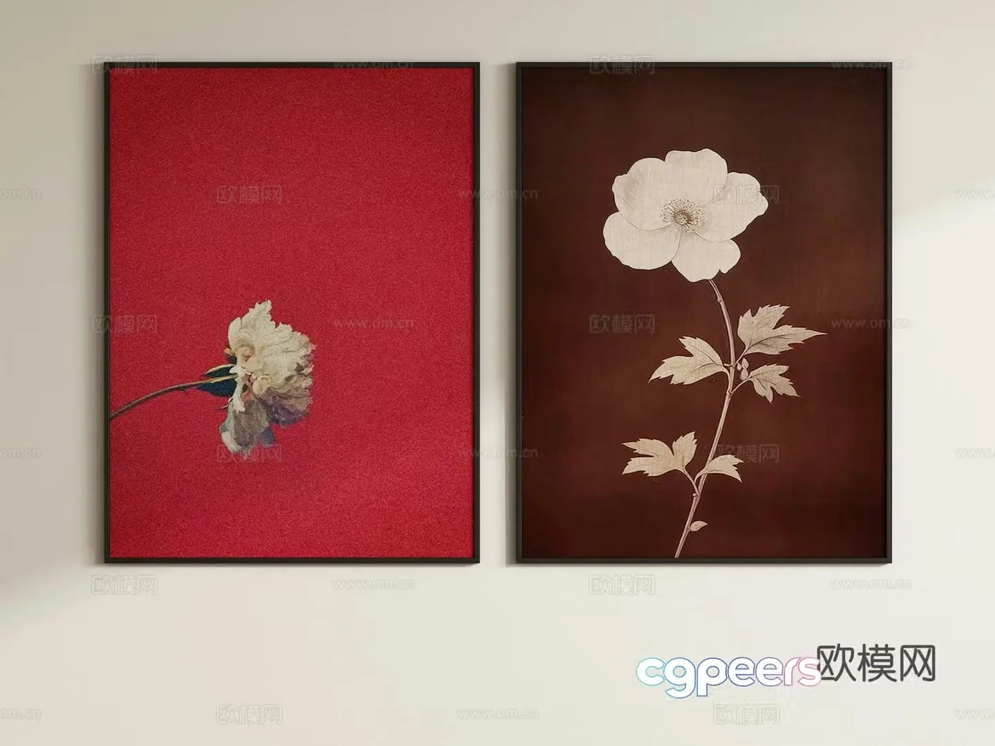 New Chinese style red flower painting decorative painting hanging painting 3d model