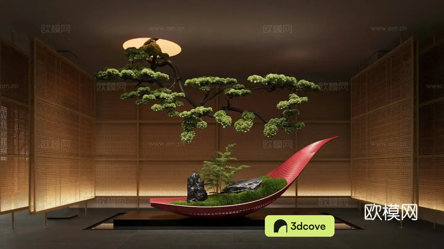 New Chinese indoor landscaping plant installation landscape landscaping 3D model of upside down pine trees