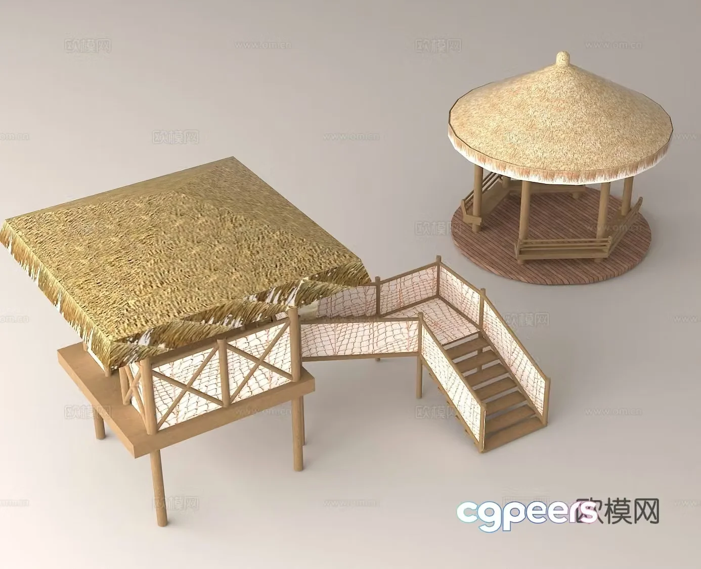 Outdoor wooden building thatched roof building Landscape pavilion Leisure pavilion Wooden structure 3D model