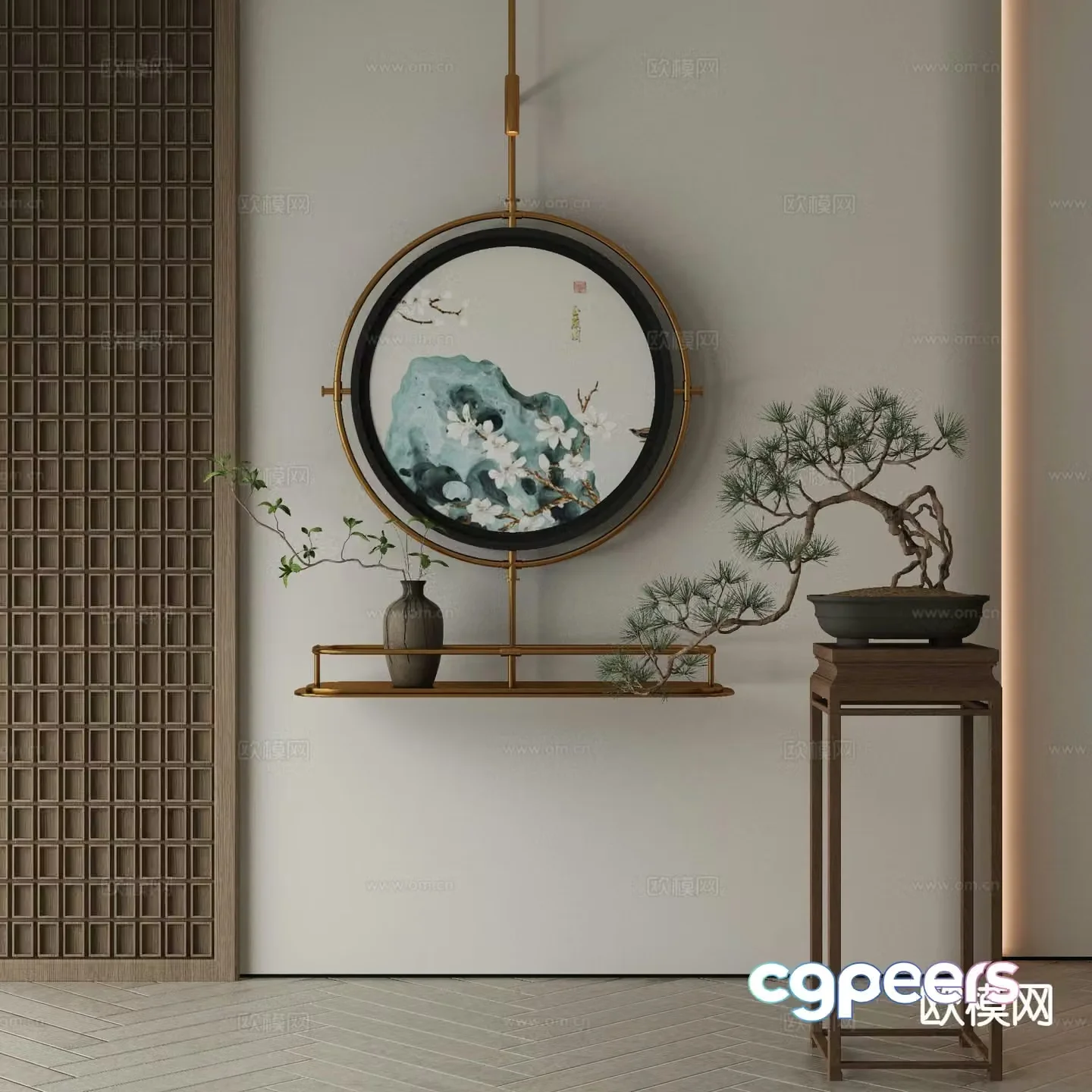 New Chinese style decorative painting metal pole hanging painting round hanging painting 3D model