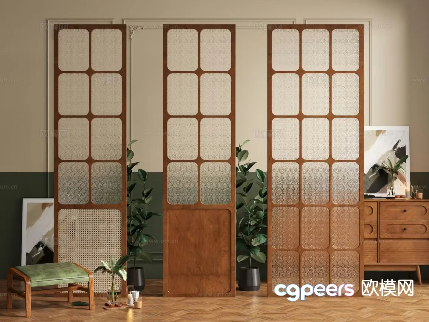 Medieval style partition Haitang glass partition 3D model
