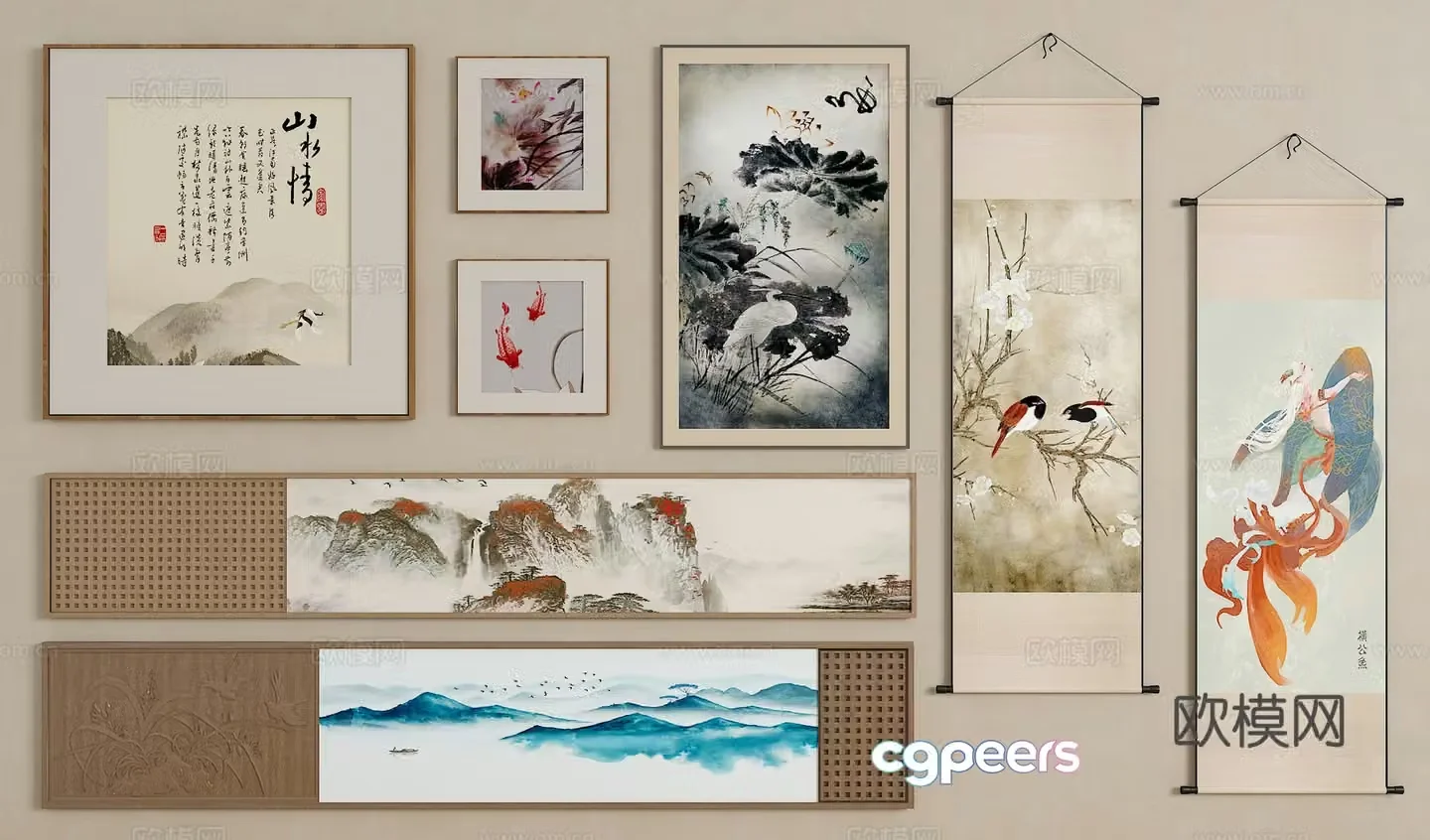 New Chinese style hanging paintings Song’s medieval style hanging paintings Long strip hanging paintings Horizontal hanging paintings Hanging painting combination 3D model