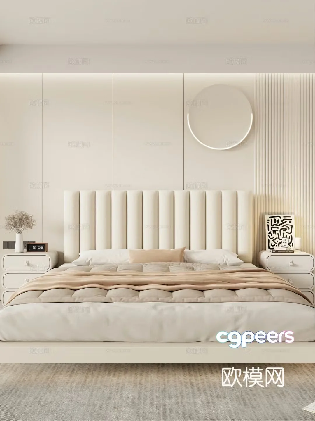 Bedroom and home double bed nightstand minimalist bed bed head decoration hanging painting 3d model
