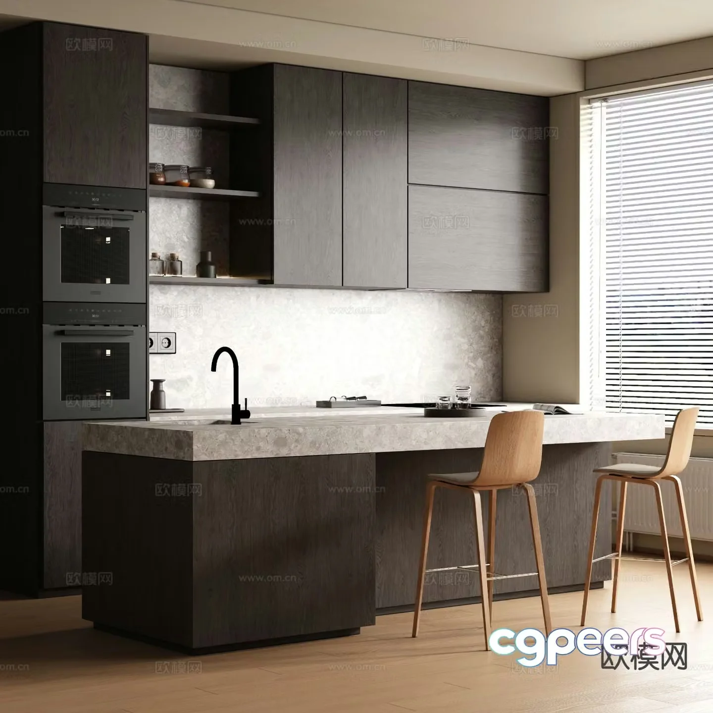 Open kitchen island bar 3D model