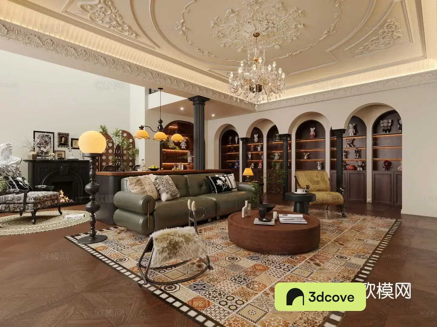French retro living room French retro leisure chair sofa coffee table combination Roman column French retro hanging