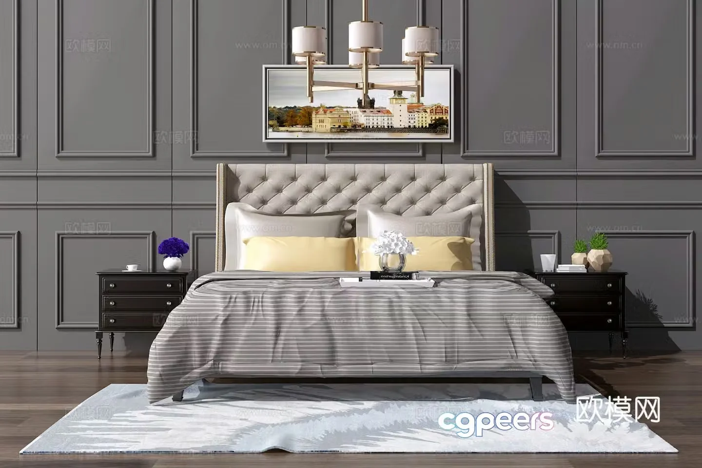 Modern double bed Nordic double bed Simple European double bed Chinese double bed Chinese chandeliers 3D model