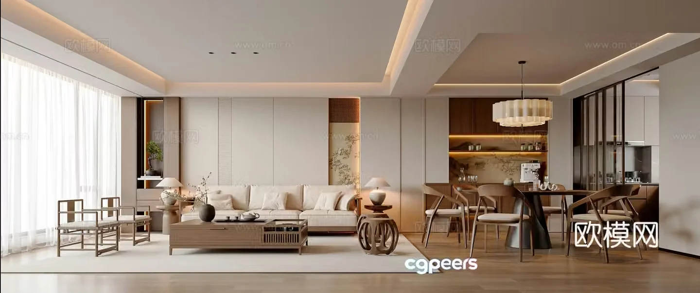 Modern new Chinese living and dining room sofa and coffee table combination round dining table dining chair sideboard leisure chair 3d model