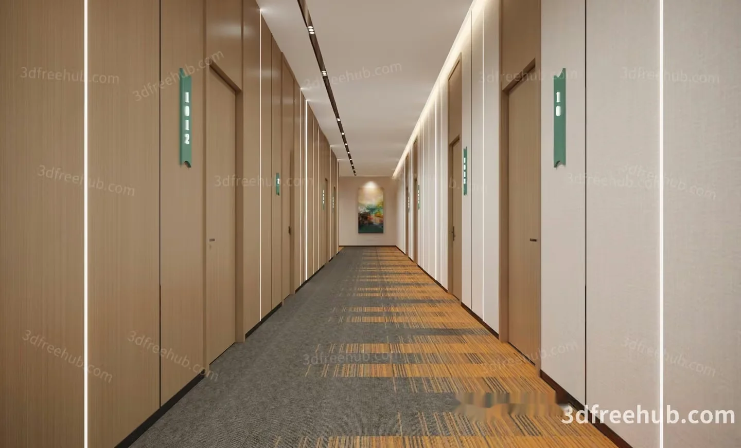 A Long Narrow Hallway With Multiple Doors And A Carpeted 3D Model – 21299 – VRAY Render
