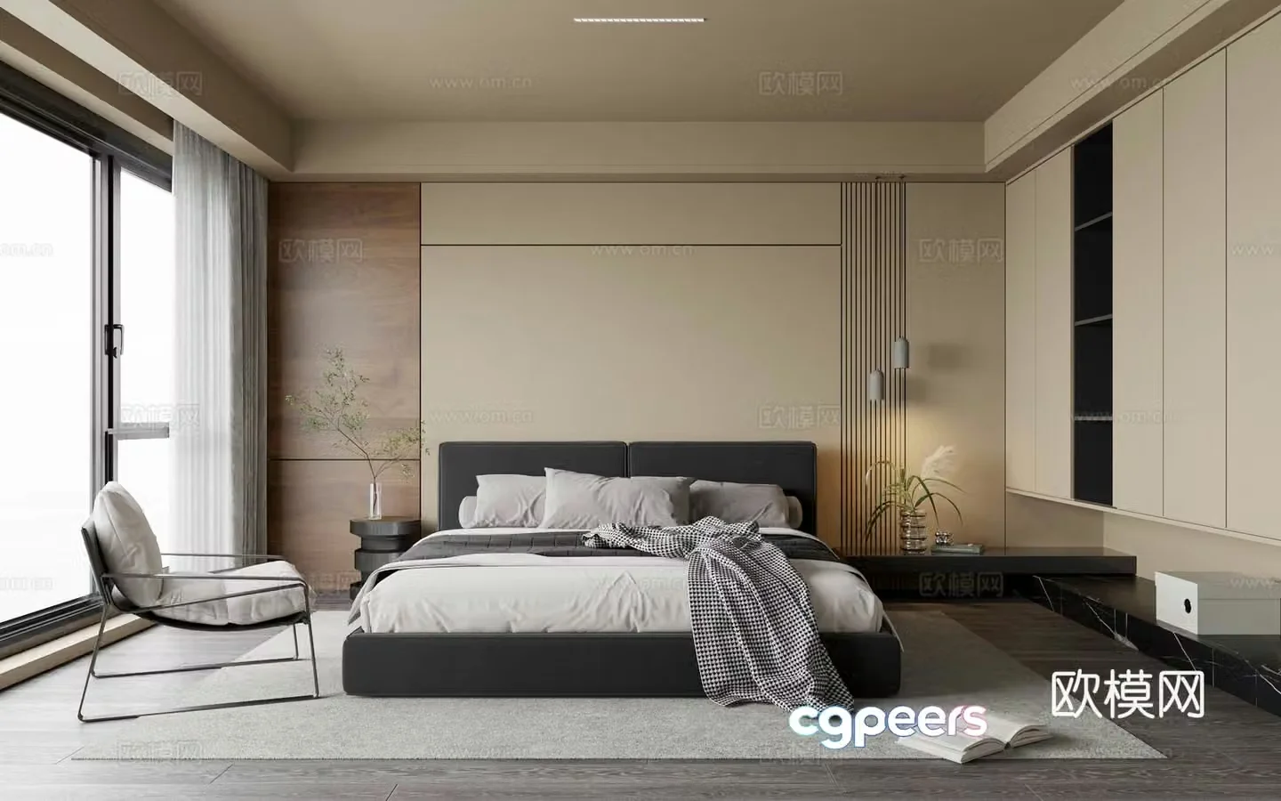 Modern home bedroom light luxury style elder room second bedroom leather bedroom bed leisure chair single chair 3d model