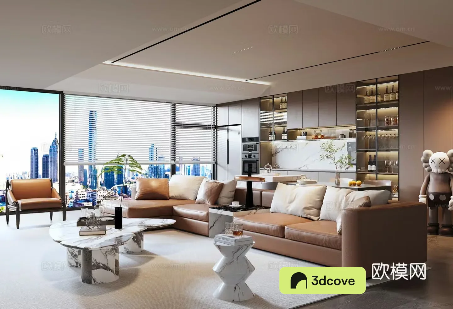 Modern Italian living room large flat living room sideboard refrigerator multi-person sofa coffee table sculpture