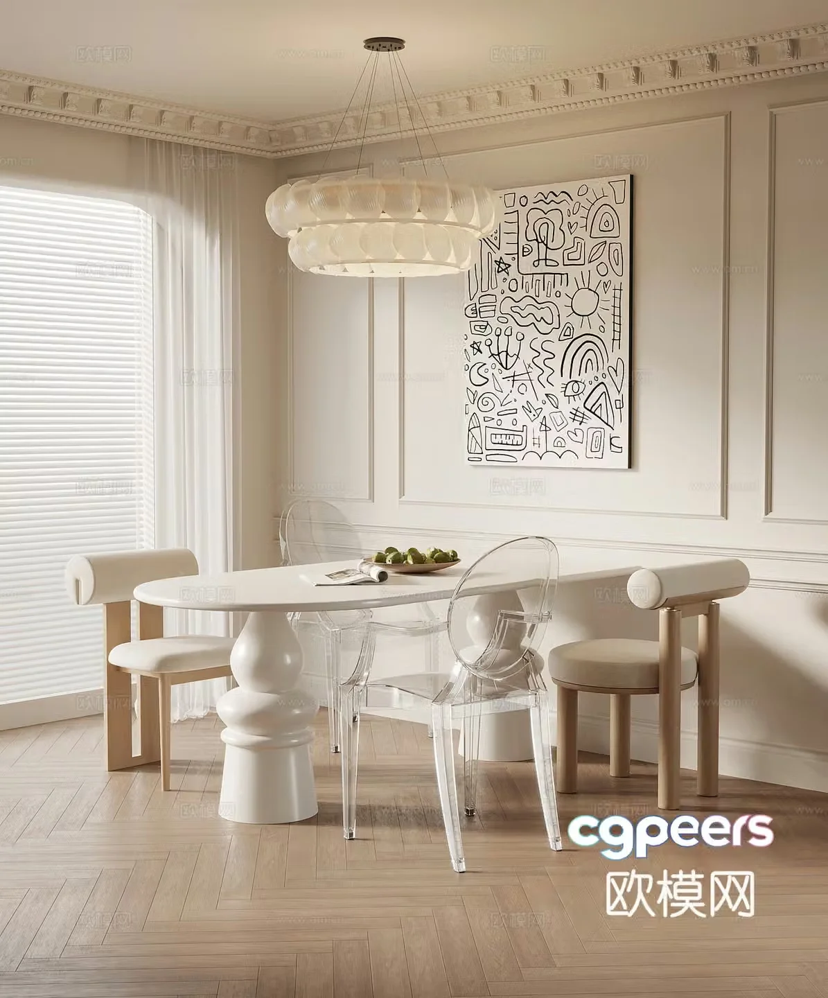 French cream style restaurant dining table and chair combination 3D model