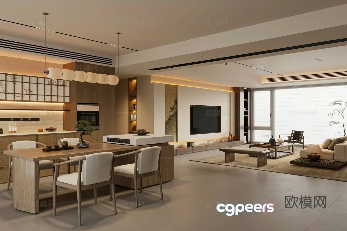 New Chinese style living and dining room New Chinese style island table sideboard sofa coffee table combination TV cabinet 3D model