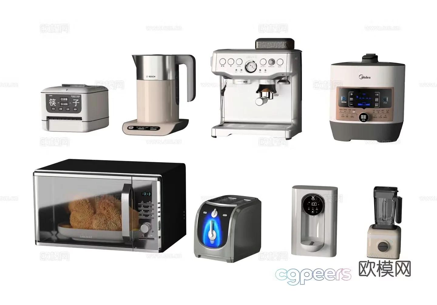 Modern kitchen appliances microwave oven electric kettle coffee maker 3d model