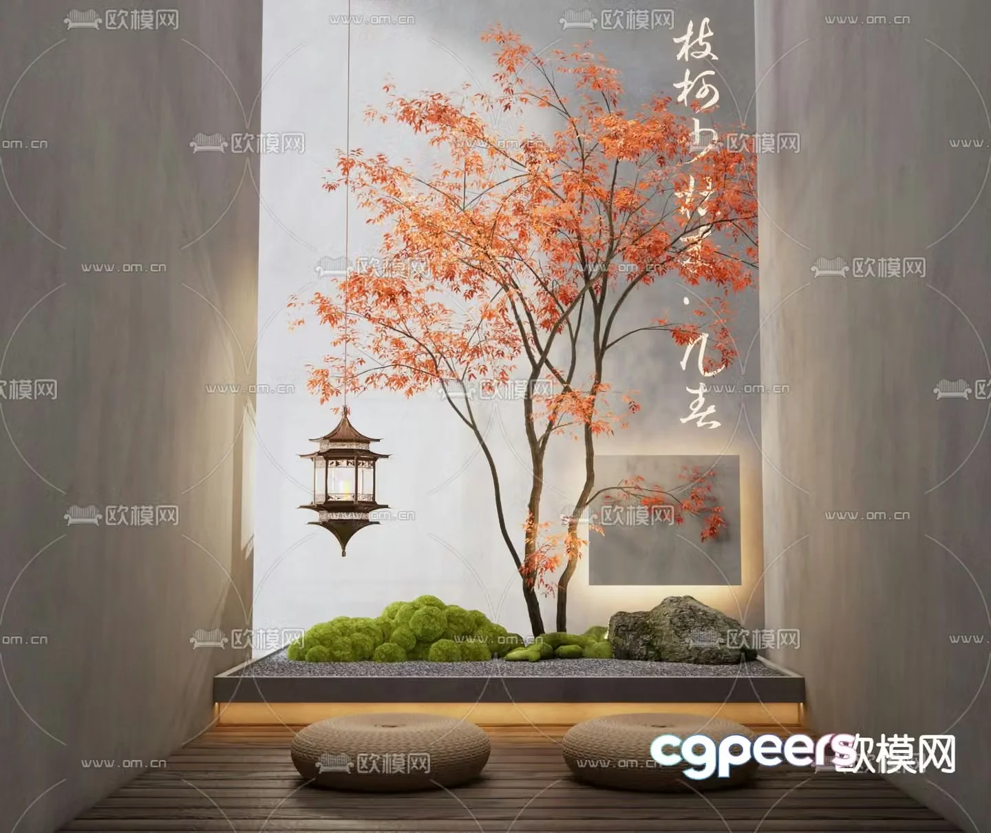 Indoor landscape red maple landscaping moss green plants 3d model