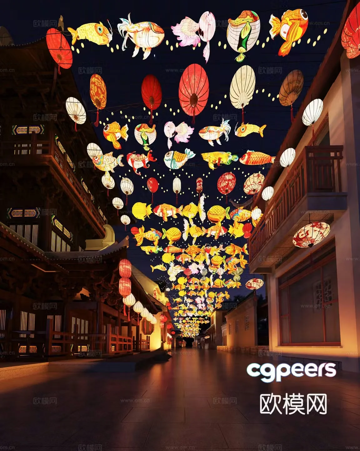 Chinese style national trend commercial street fish lantern lantern fish lantern carp lantern night market 3d model