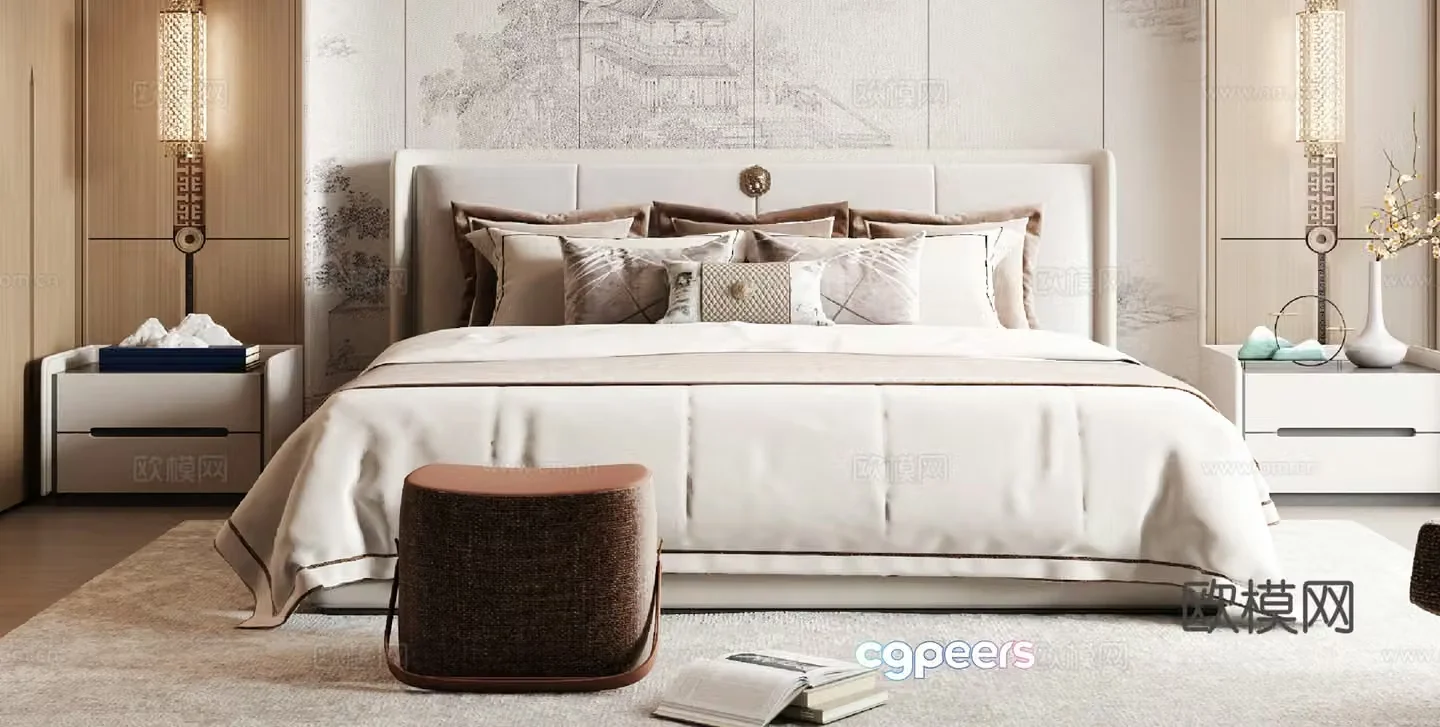 New Chinese style double bed 3D model