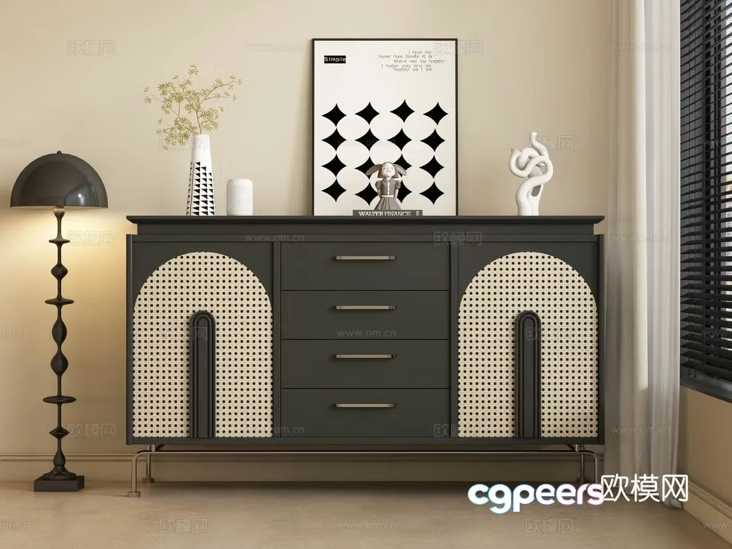 3D model of medieval style rattan sideboard