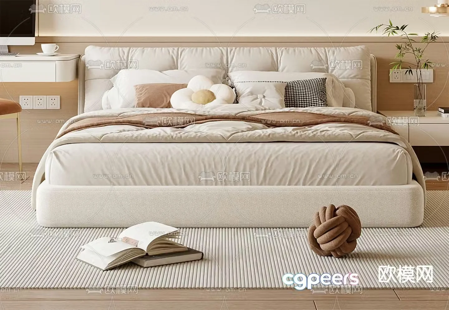 Cream style double bed 3d model