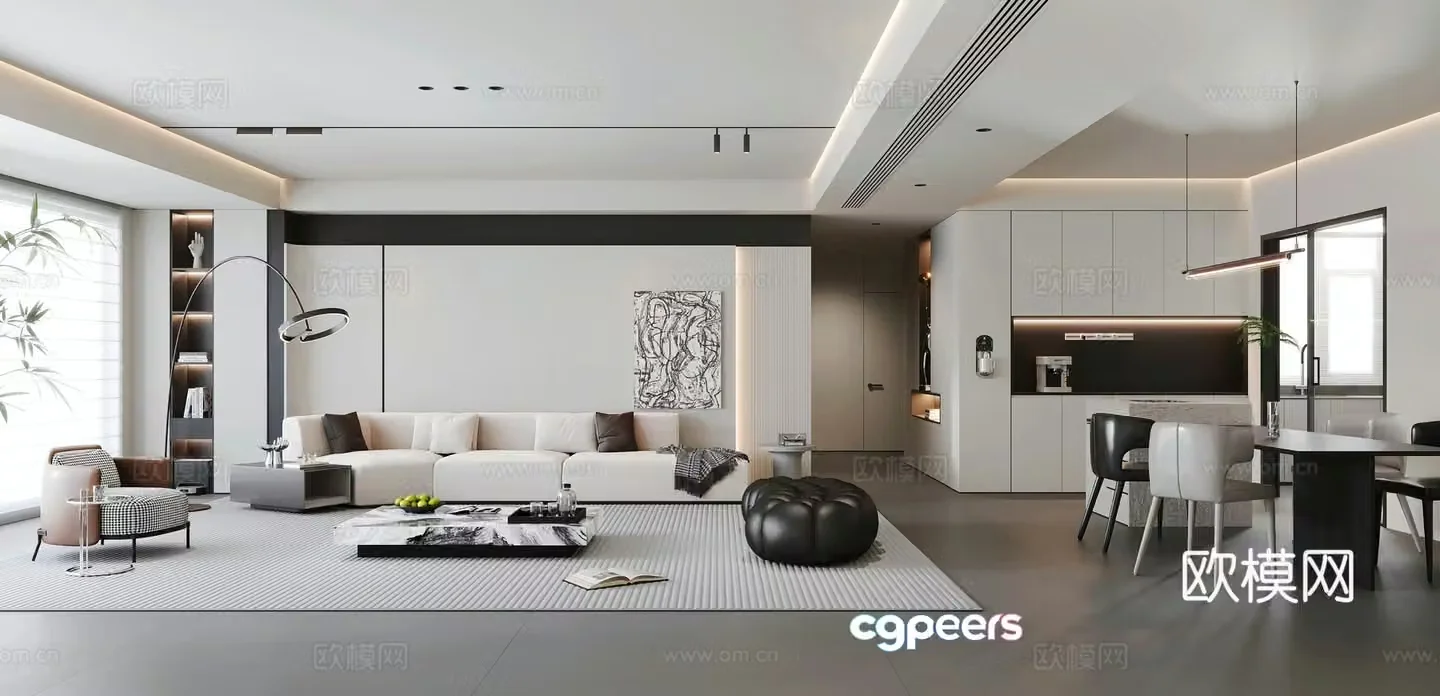 Modern living and dining room combination sofa dining bar sideboard sofa background restaurant chandeliers 3d model