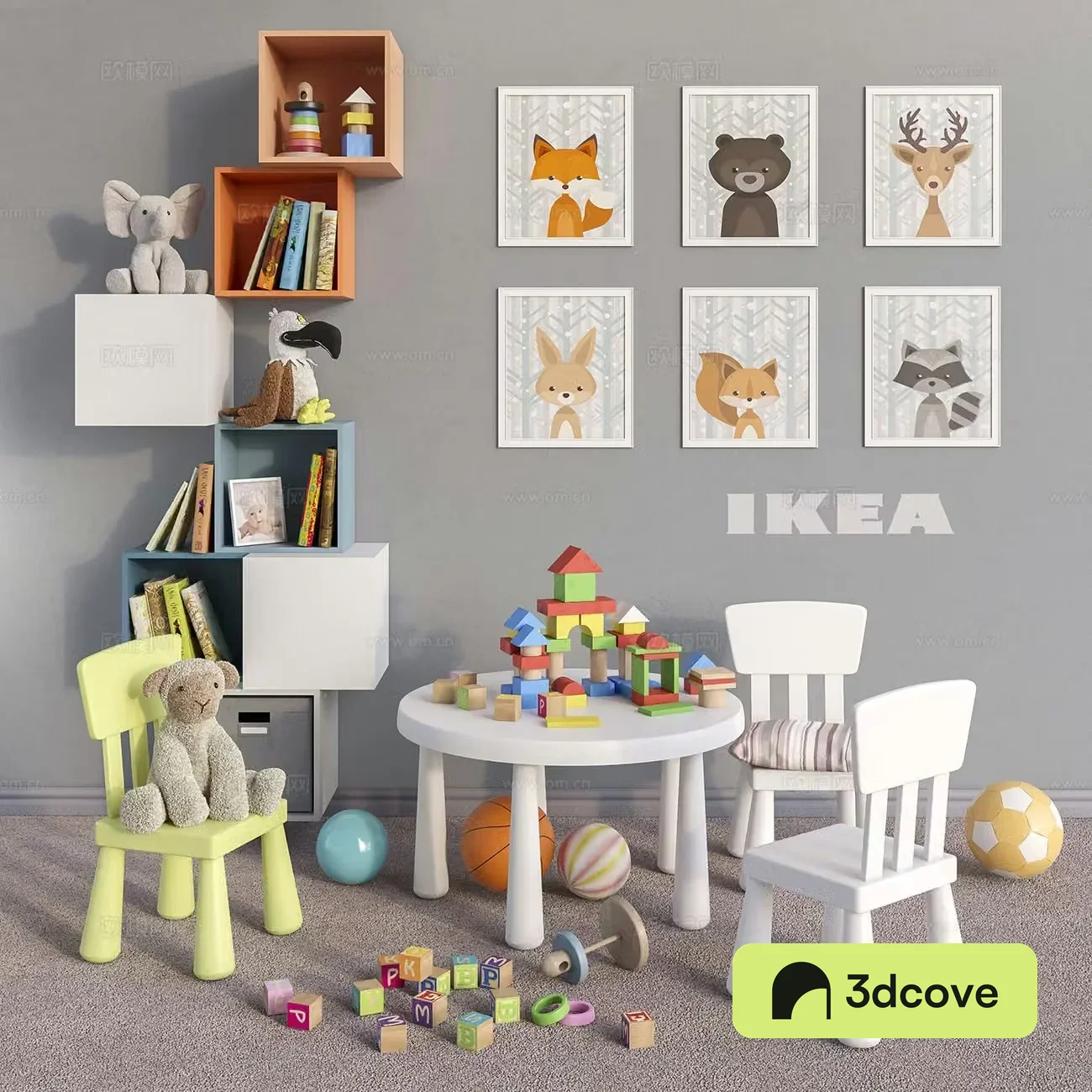 Children’s table chair and toys